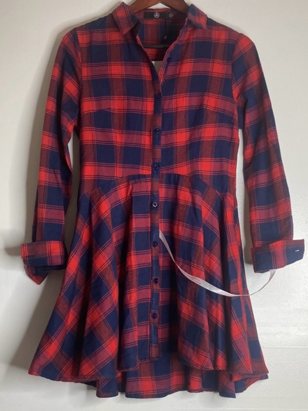 Missguided Long Sleeve Skater Shirt Dress Plaid Check Red and Navy Blue, Size 4